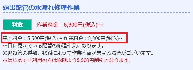 実際の水道業者の価格表